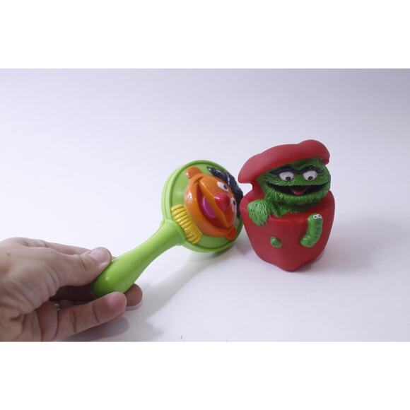 1980s Sesame Street, Bert and Ernie Baby Rattle, Oscar the Grouch Squeak Toy, - Picture 2 of 3